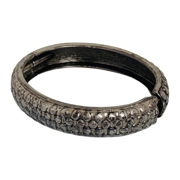 Vintage Circle Cobblestone Snake Skin Hammered Silver Tone Clamper Bracelet 7.5 - Picture 4 of 7